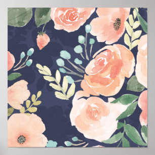 Blooming Delight Peach & Blue Roses & Poppies Poster