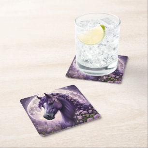 "Blooming Dreams: The Purple Floral Fantasy Horse" Square Paper Coaster