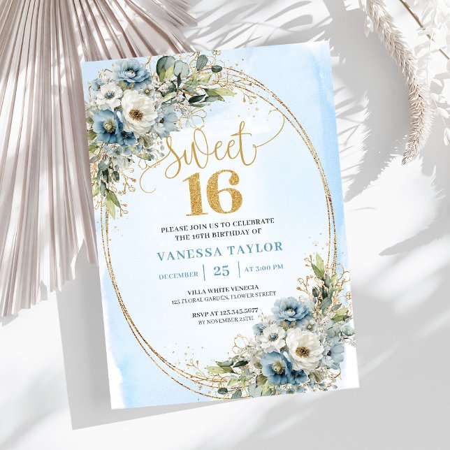 Blooming Dusty Blue Floral Sweet Sixteen Birthday  Invitation (Blooming Dusty Blue Floral Sweet Sixteen Birthday Invitation

)