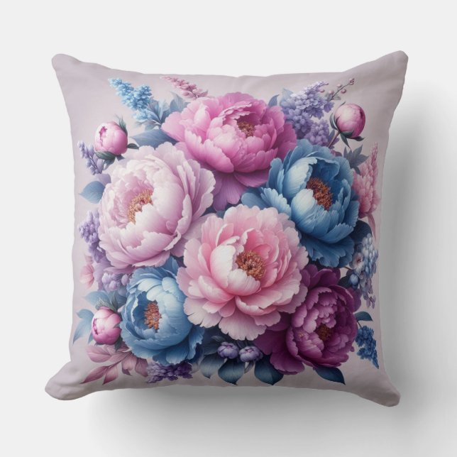 Blooming Elegance: Lilac & Blue Peony Throw Pillow (Front)