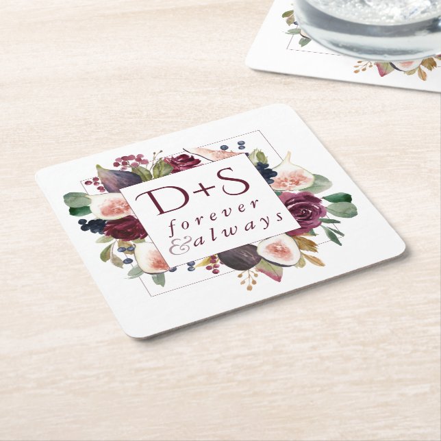Blooming Figs | Moody Rustic Monogram Wreath Square Paper Coaster (Angled)