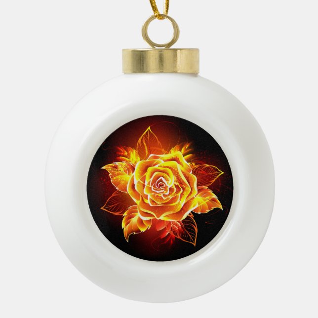 Blooming Fire Rose Ceramic Ball Christmas Ornament (Front)
