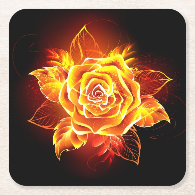 Blooming Fire Rose Square Paper Coaster (Front)