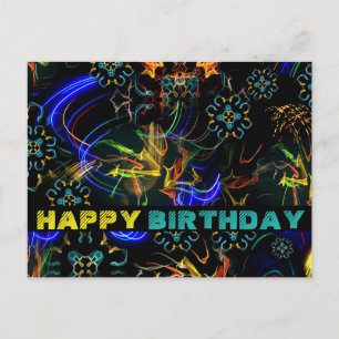 Blooming Fireworks Folk Art Birthday Postcard