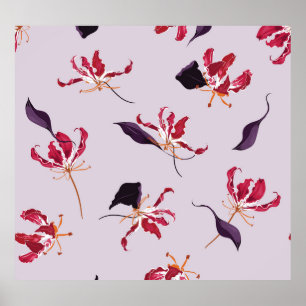 Blooming Flame Lily: Floral Garden Pattern. Poster