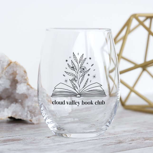 Blooming Floral Book Personalised Book Club Stemless Wine Glass (Creator Uploaded)