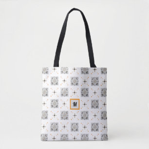 Blooming Floral Hand-Drawn Doodle with Monogram Tote Bag