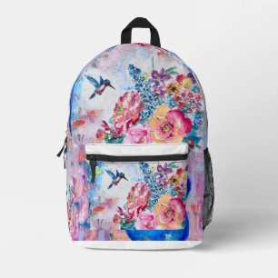 Blooming Flowers & Hummingbird Oil Pastel Artwork Printed Backpack