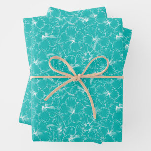 Blooming Flowers on Turquoise Wrapping Paper Sheet