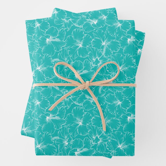 Blooming Flowers on Turquoise Wrapping Paper Sheet (In situ)