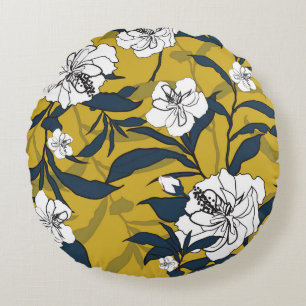 Blooming Flowers: Yellow Vintage Seamless. Round Cushion
