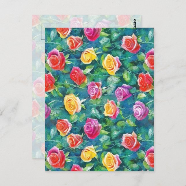 Blooming garden rose bush watercolor pattern postcard (Front/Back)