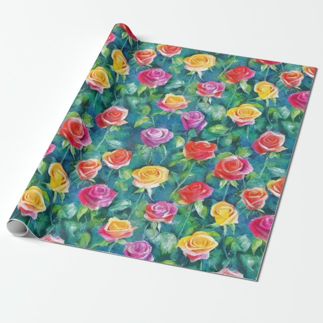Blooming garden rose bush watercolor print wrapping paper (Unrolled)