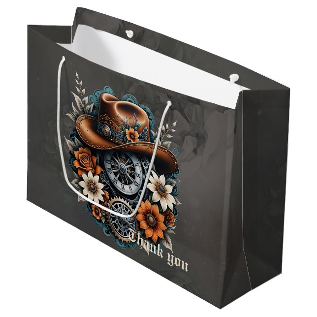 Blooming Gears: Steampunk cowboy style. Large Gift Bag (Front Angled)