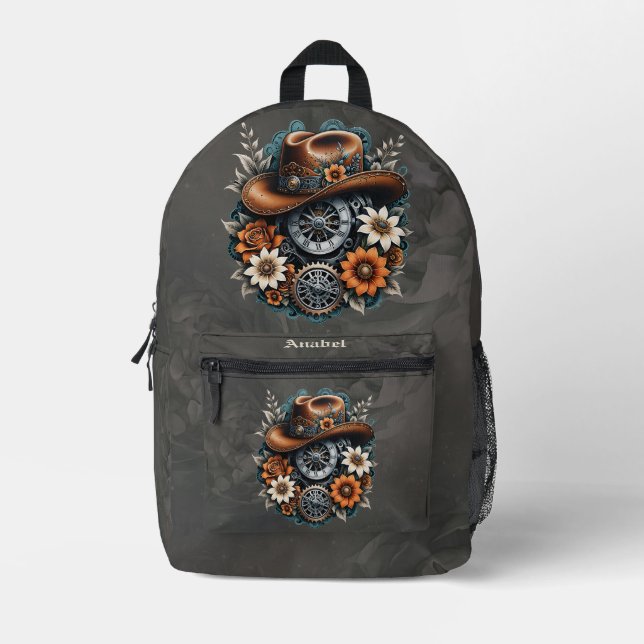 Blooming Gears: Steampunk cowboy style. Printed Backpack (Front)