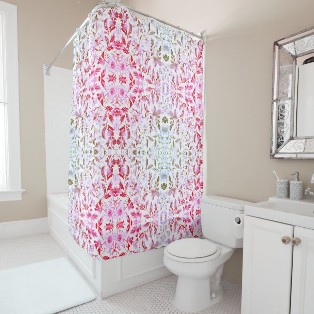 Blooming Gold Floral Branch On White Background Shower Curtain (In Situ)