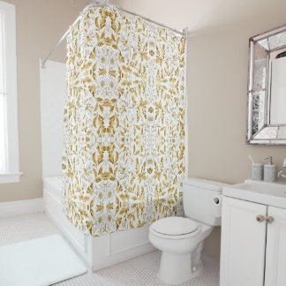 Blooming Gold Floral Branch On White Background Shower Curtain