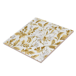 Blooming Gold Floral Branch On White Background Tile