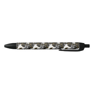 Blooming Golden Christmas Floral Deer Black Ink Pen
