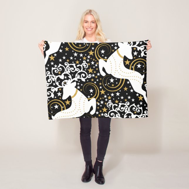 Blooming Golden Christmas Floral Deer Fleece Blanket (In Situ)