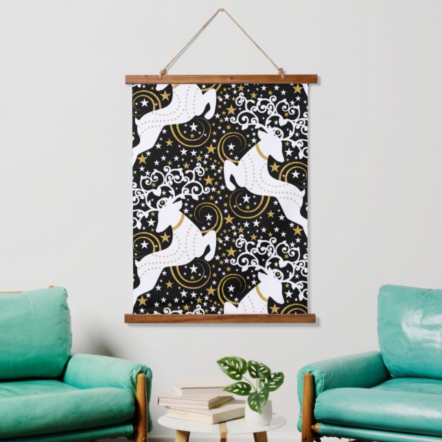 Blooming Golden Christmas Floral Deer Hanging Tapestry (Living Room)