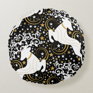 Blooming Golden Christmas Floral Deer Round Cushion