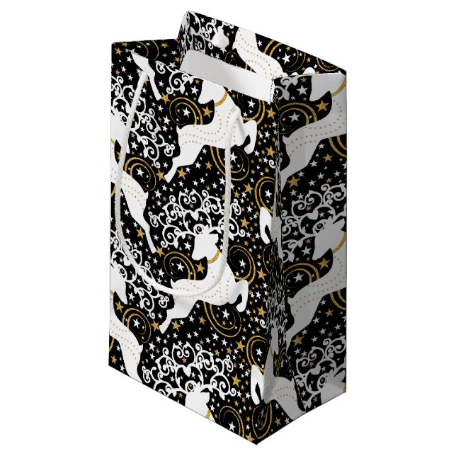 Blooming Golden Christmas Floral Deer Small Gift Bag (Front Angled)