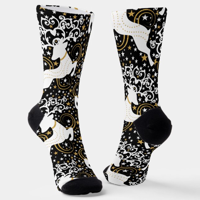 Blooming Golden Christmas Floral Deer Socks (Angled)