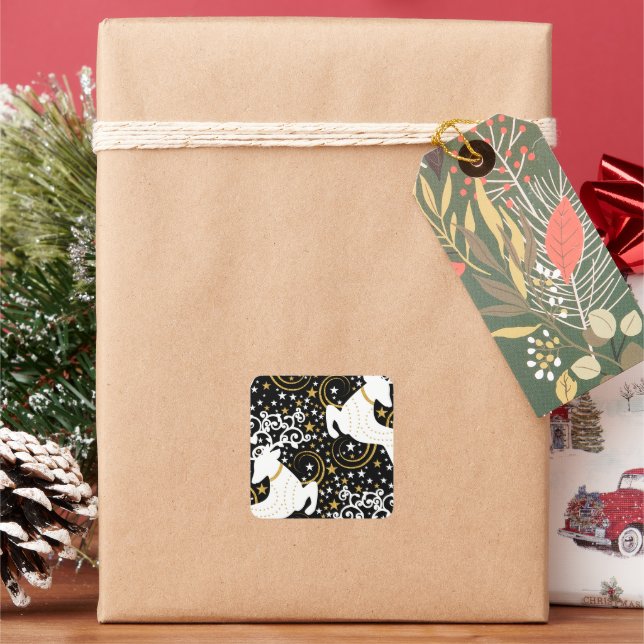 Blooming Golden Christmas Floral Deer Square Sticker (Holiday)