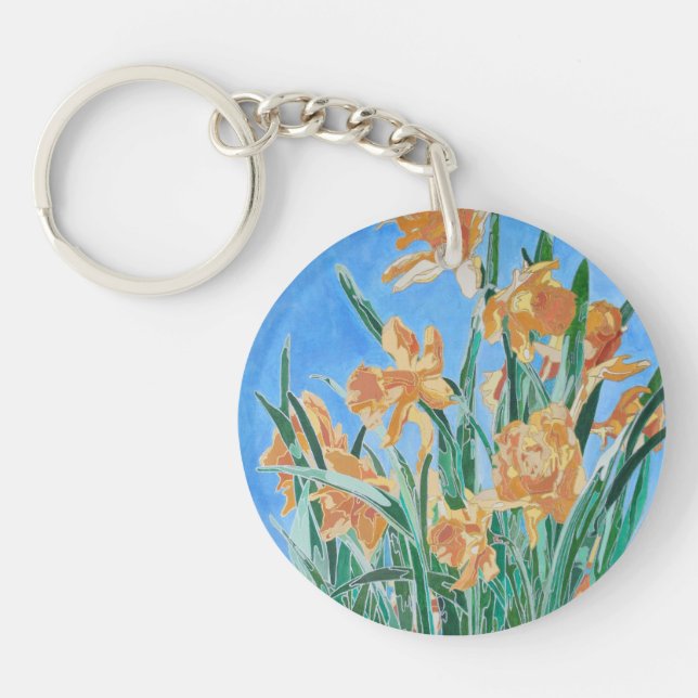 Blooming Golden Daffodils Bold Line Art Key Ring (Front)