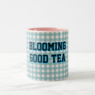 BLOOMING GOOD TEA Blue Gingham background Two-Tone Coffee Mug