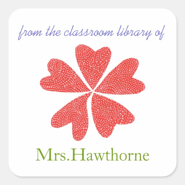 Blooming hearts personalized teacher bookplate square sticker (Front)
