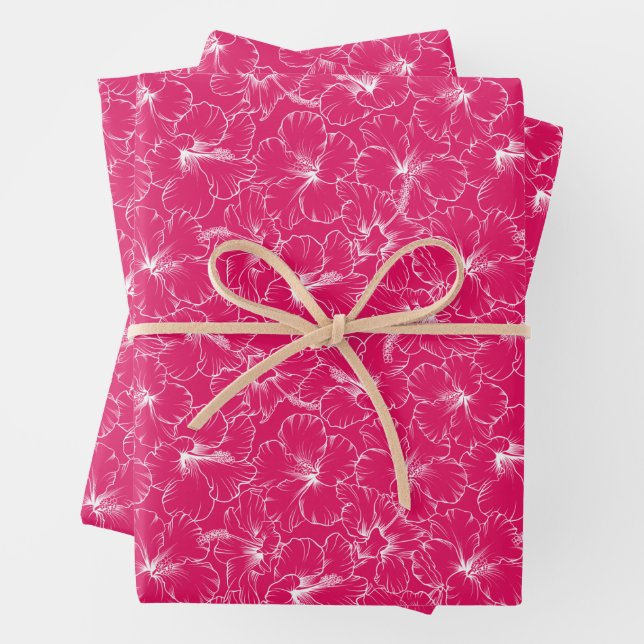 Blooming Hibiscus Flowers on Pink Wrapping Paper Sheet (In situ)