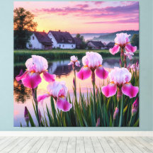 Blooming Irises by a Tranquil Lake at Sunset