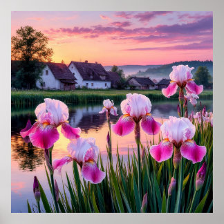 Blooming Irises by a Tranquil Lake at Sunset Poster