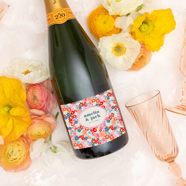Blooming Joy Bold Bright Floral Maximalist Wedding Wine Label (Blooming Joy Bold Bright Floral Maximalist Wedding Sparkling Wine Bottle Label)