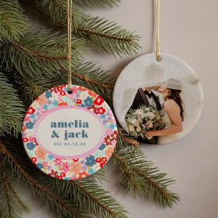Blooming Joy Bright Bold Floral Wedding Date Photo Ceramic Tree Decoration