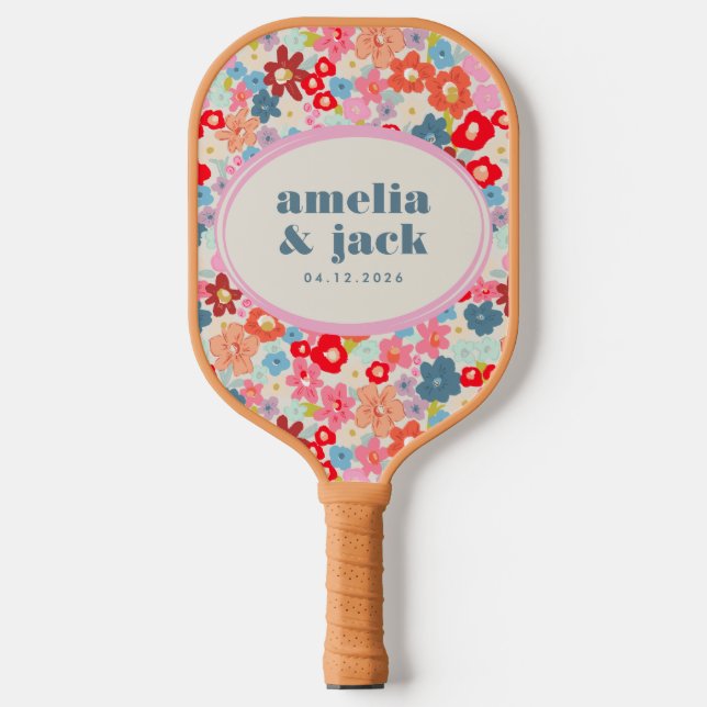 Blooming Joy Bright Floral Maximalist Wedding Pickleball Paddle (Front)