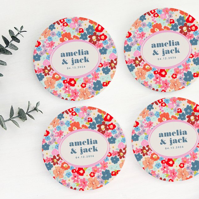 Blooming Joy Bright Floral Maximalist Wedding Round Paper Coaster (Blooming Joy Bright Floral Maximalist Wedding Round Paper Coaster)