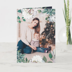 Blooming Joy Floral Christmas Photo Card Blue