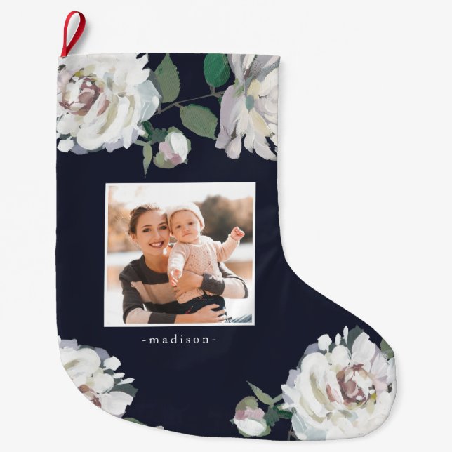 Blooming Joy Floral Photo Christmas Stocking Blue (Front)
