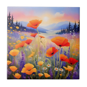 Blooming Landscape Wildflowers in Watercolor Tile