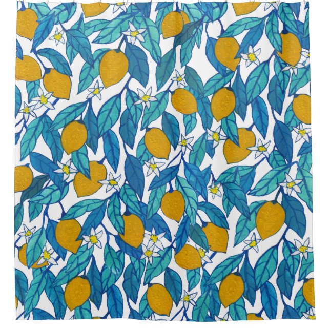 Blooming Lemon: Watercolor Floral Design. Shower Curtain (Front)
