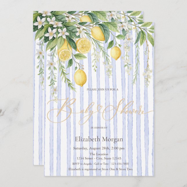  Blooming Lemons Blue Striped Baby Shower Invitation (Front/Back)