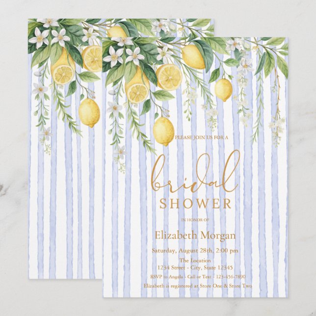  Blooming Lemons Blue Striped Bridal Shower Invitation (Front/Back)