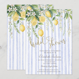 Blooming Lemons Blue Stripes Bridal Shower  Invitation