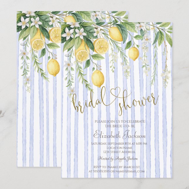  Blooming Lemons Blue Stripes Bridal Shower  Invitation (Front/Back)