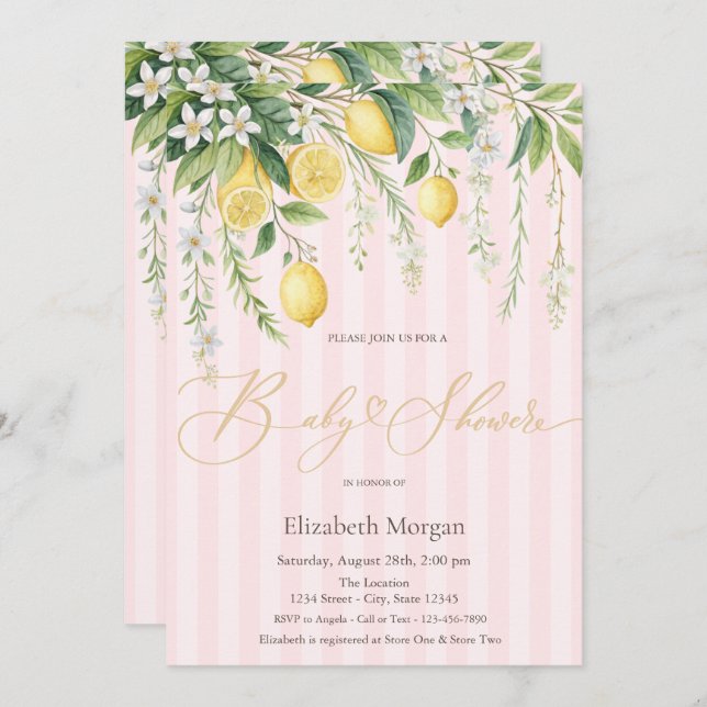  Blooming Lemons Pink Striped Baby Shower Invitation (Front/Back)