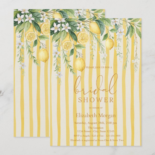  Blooming Lemons Yellow Striped Bridal Shower Invitation (Front/Back)
