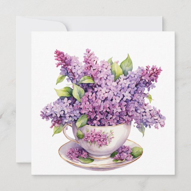 Blooming Lilac Flowers in a Teacup Card (Front)